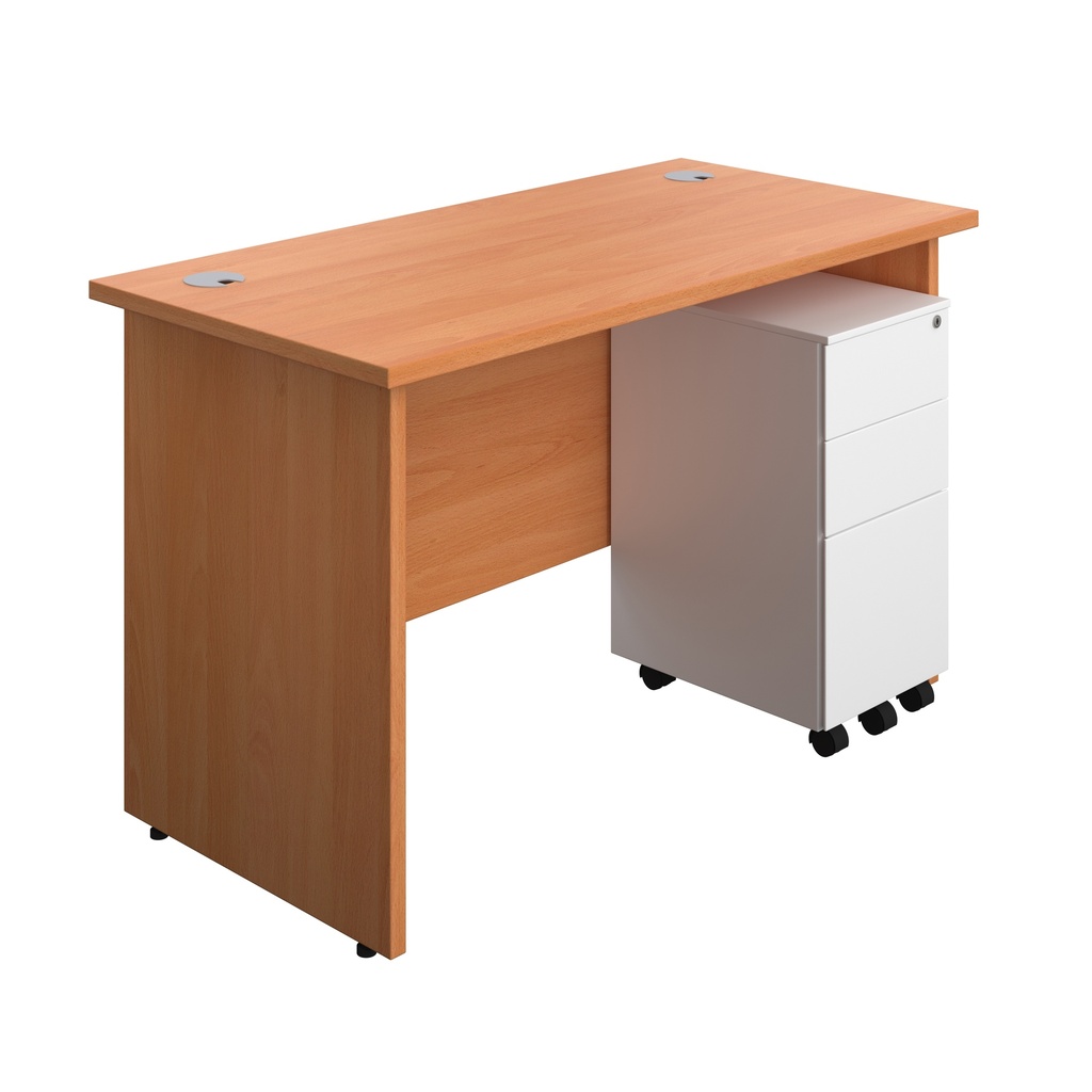 Panel Rectangular Desk + 3 Drawer Slimline Steel Pedestal Bundle (FSC) | 1200X600 | Beech/White | 