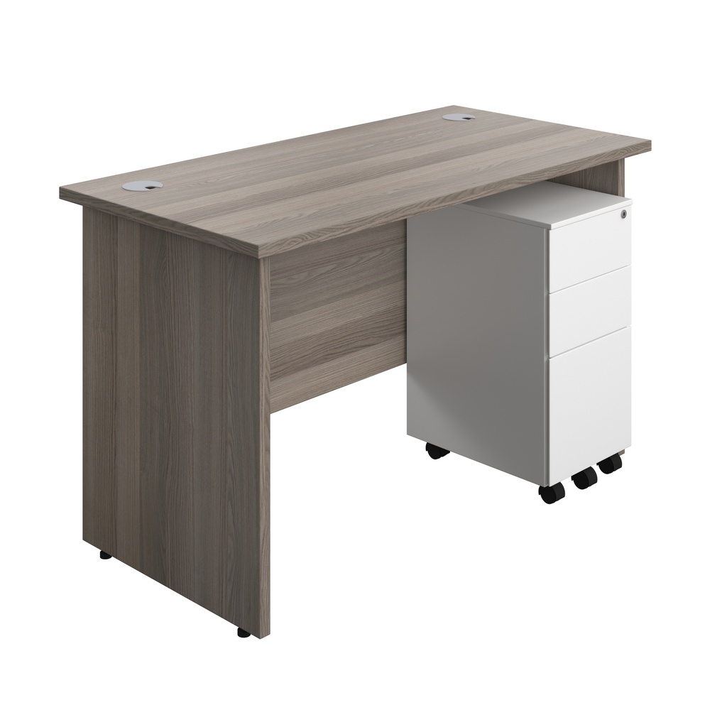 Panel Rectangular Desk + 3 Drawer Slimline Steel Pedestal Bundle (FSC) | 1200X600 | Grey Oak/White | 