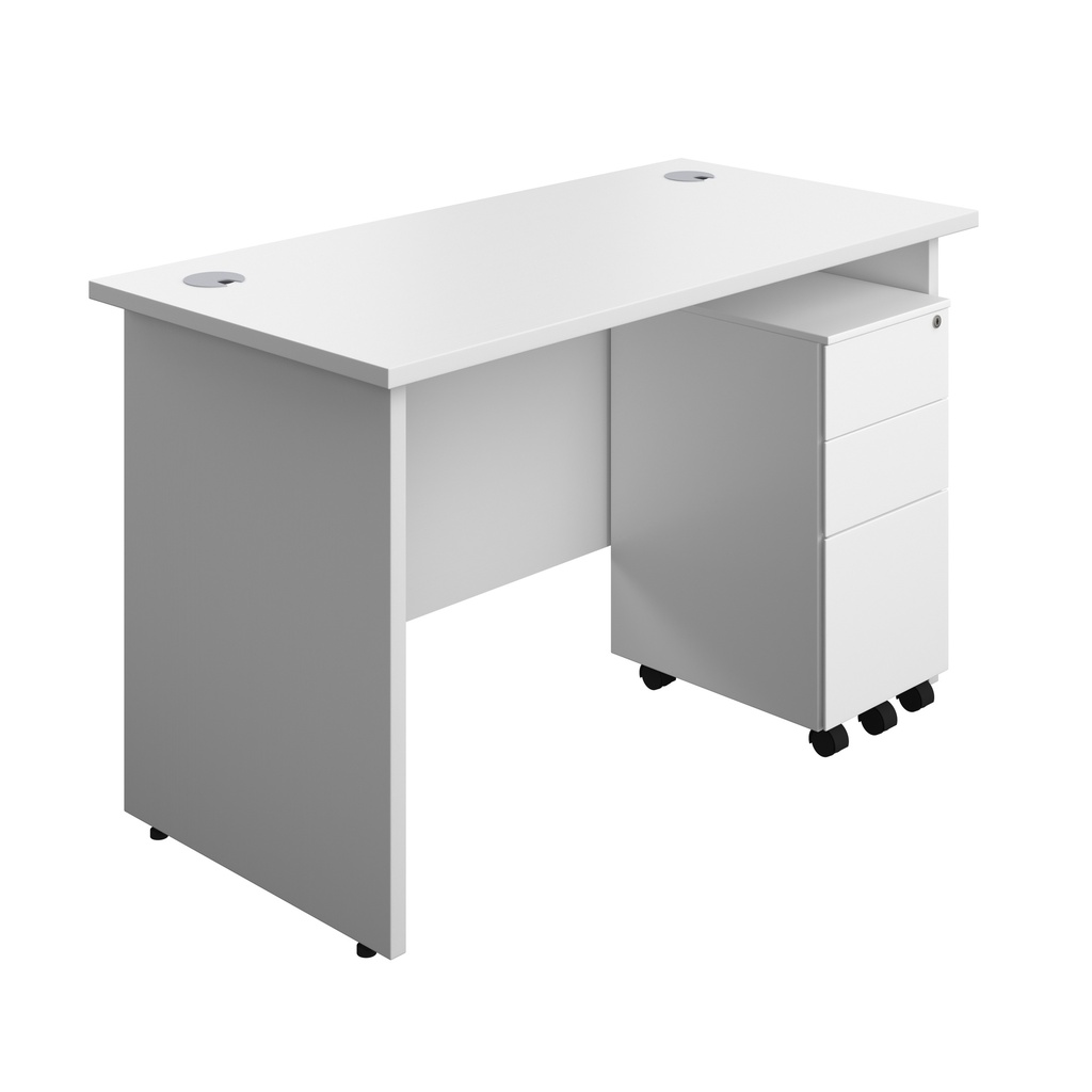 Panel Rectangular Desk + 3 Drawer Slimline Steel Pedestal Bundle (FSC) | 1200X600 | White/White | 