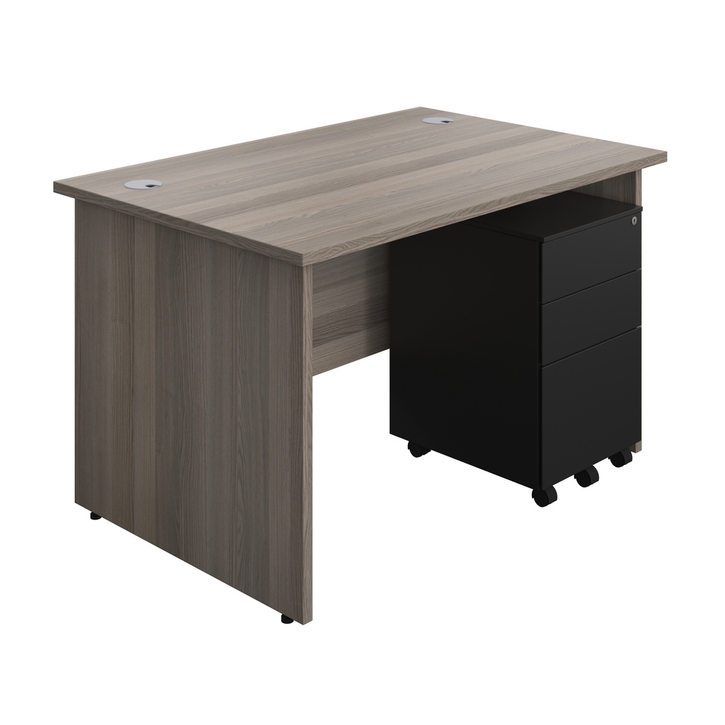 Panel Rectangular Desk + 3 Drawer Steel Pedestal Bundle (FSC) | 1200X800 | Grey Oak/Black | 