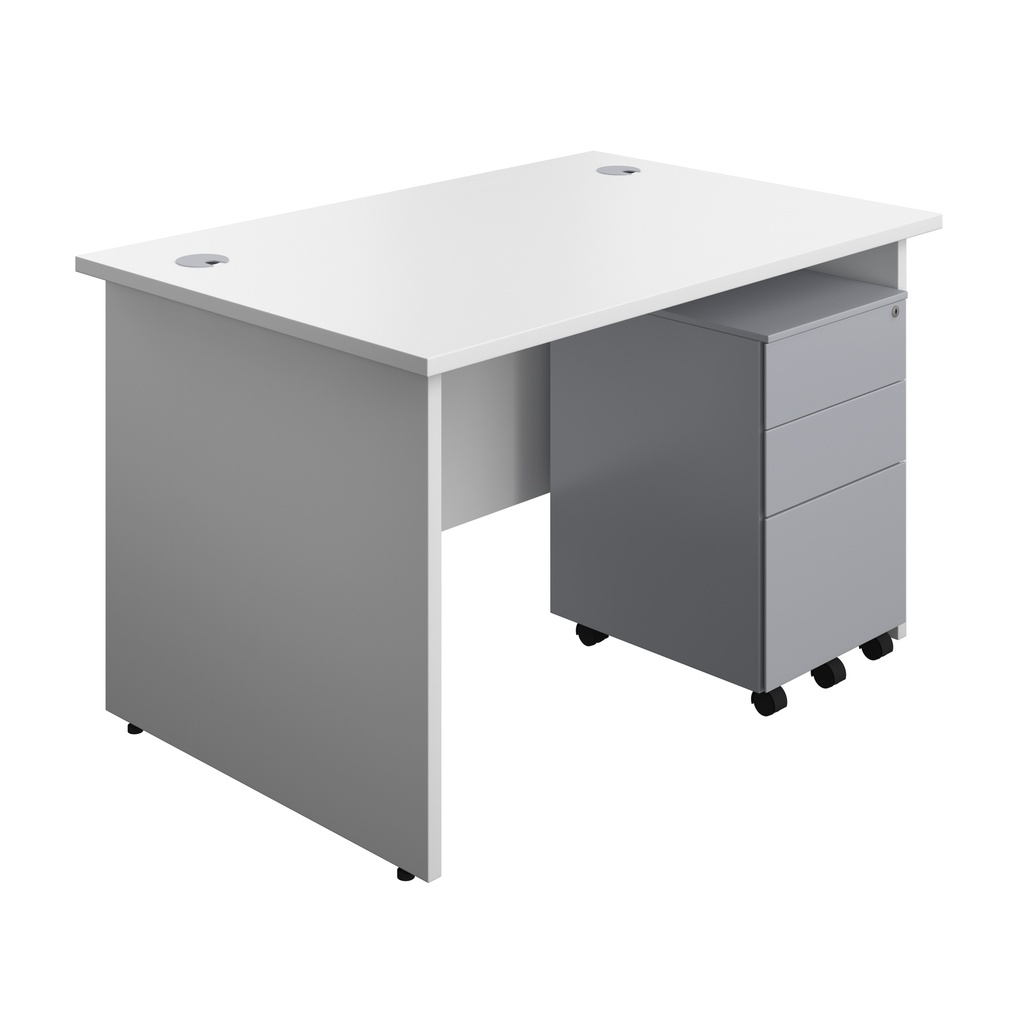 Panel Rectangular Desk + 3 Drawer Steel Pedestal Bundle (FSC) | 1200X800 | White/Silver | 