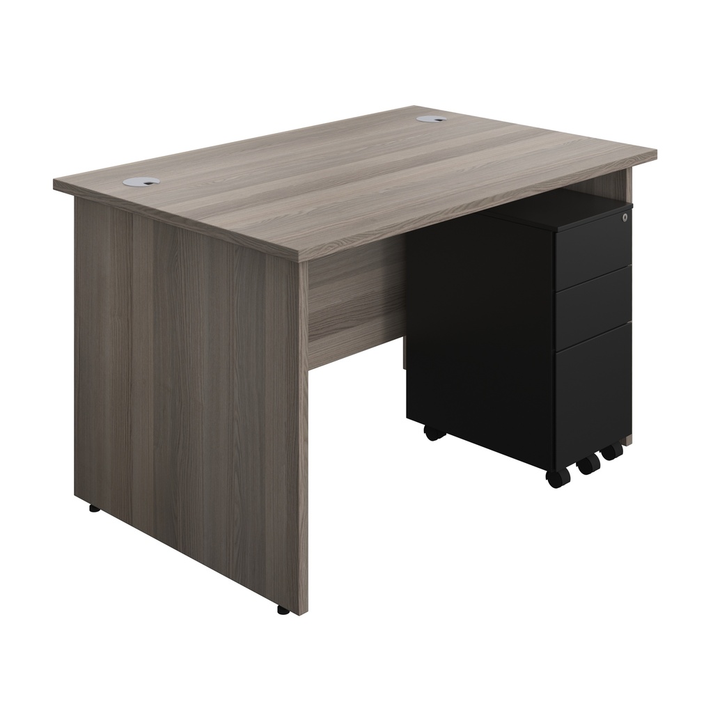 Panel Rectangular Desk + 3 Drawer Slimline Steel Pedestal Bundle (FSC) | 1200X800 | Grey Oak/Black | 