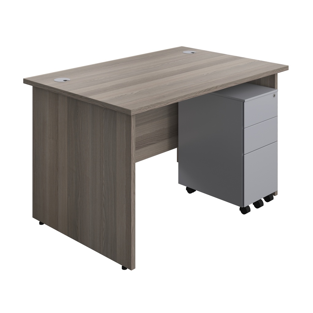Panel Rectangular Desk + 3 Drawer Slimline Steel Pedestal Bundle (FSC) | 1200X800 | Grey Oak/Silver | 