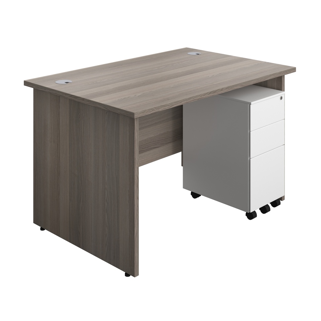 Panel Rectangular Desk + 3 Drawer Slimline Steel Pedestal Bundle (FSC) | 1200X800 | Grey Oak/White | 
