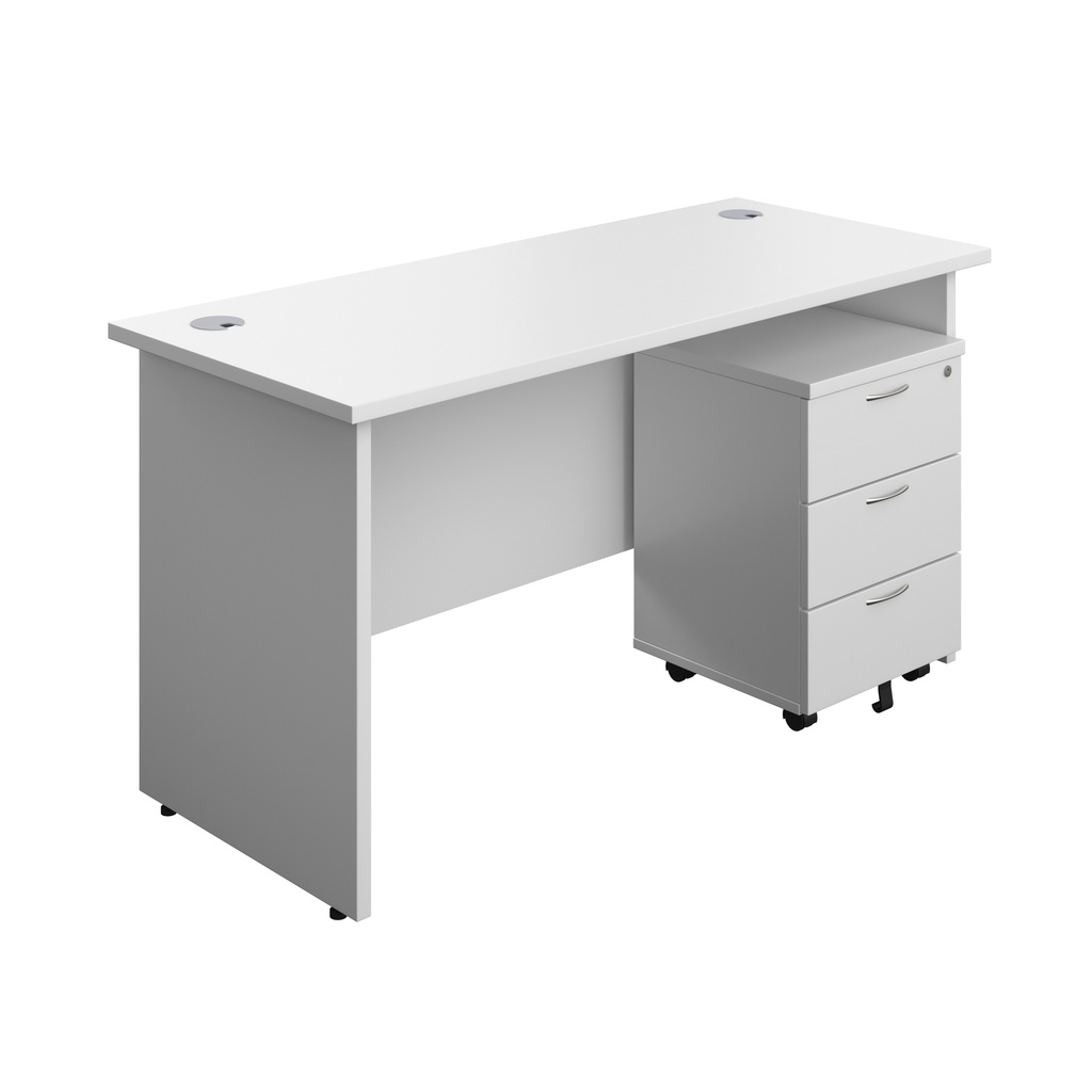 Panel Rectangular Desk + 3 Drawer Mobile Pedestal Bundle (FSC) | 1400X600 | White/White | 