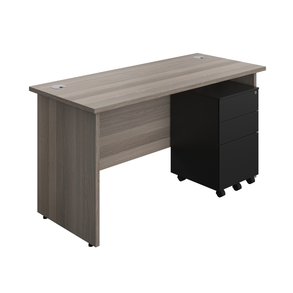 Panel Rectangular Desk + 3 Drawer Steel Pedestal Bundle (FSC) | 1400X600 | Grey Oak/Black | 