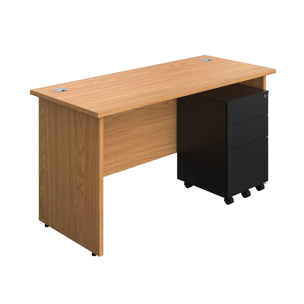 Panel Rectangular Desk + 3 Drawer Steel Pedestal Bundle (FSC) | 1400X600 | Nova Oak/Black | 