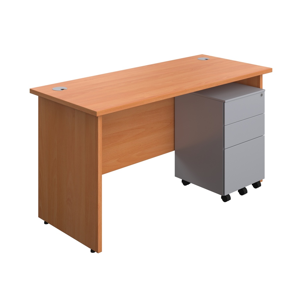 Panel Rectangular Desk + 3 Drawer Steel Pedestal Bundle (FSC) | 1400X600 | Beech/Silver | 
