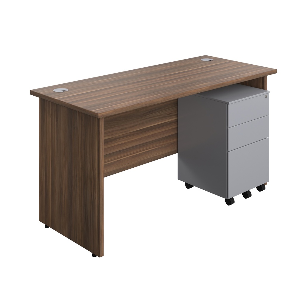 Panel Rectangular Desk + 3 Drawer Steel Pedestal Bundle (FSC) | 1400X600 | Dark Walnut/Silver | 