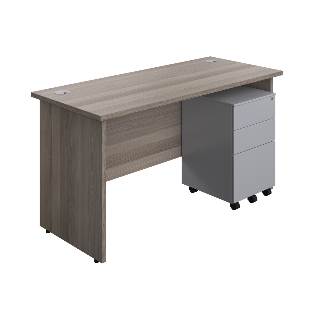 Panel Rectangular Desk + 3 Drawer Steel Pedestal Bundle (FSC) | 1400X600 | Grey Oak/Silver | 