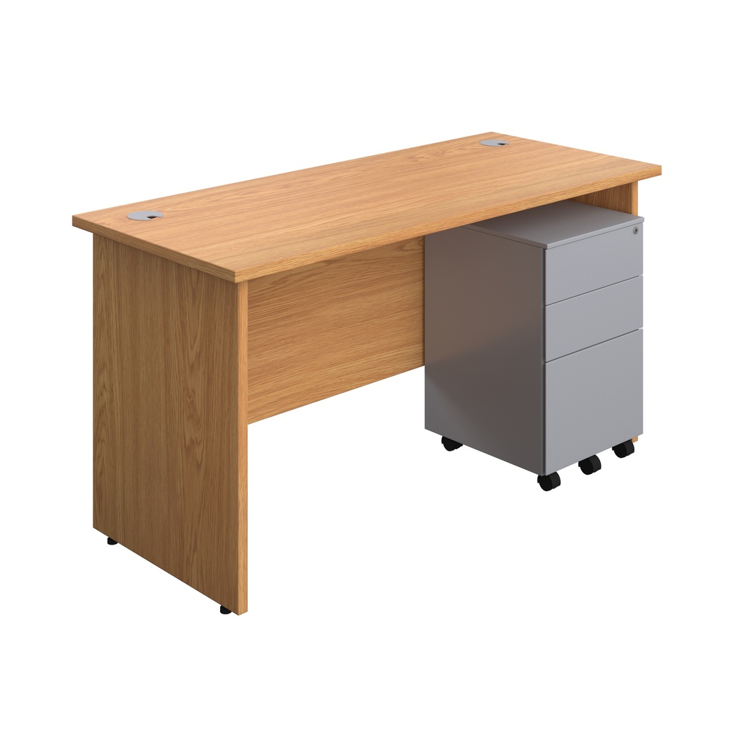Panel Rectangular Desk + 3 Drawer Steel Pedestal Bundle (FSC) | 1400X600 | Nova Oak/Silver | 