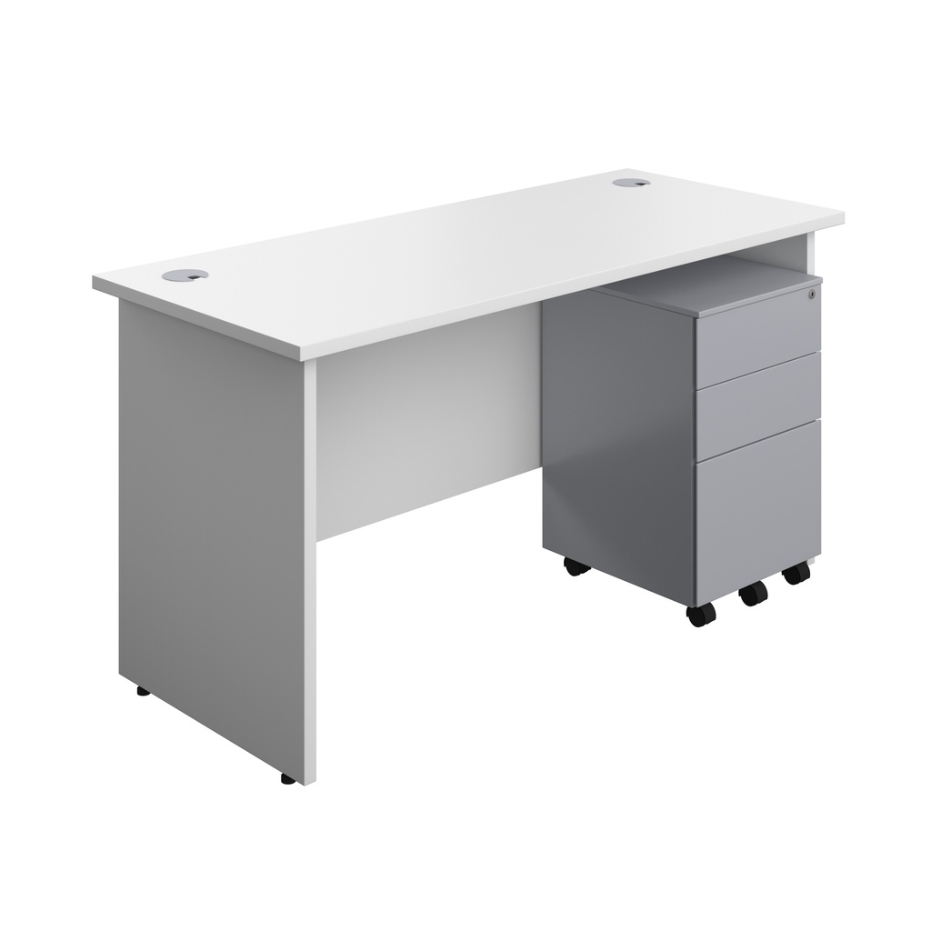 Panel Rectangular Desk + 3 Drawer Steel Pedestal Bundle (FSC) | 1400X600 | White/Silver | 
