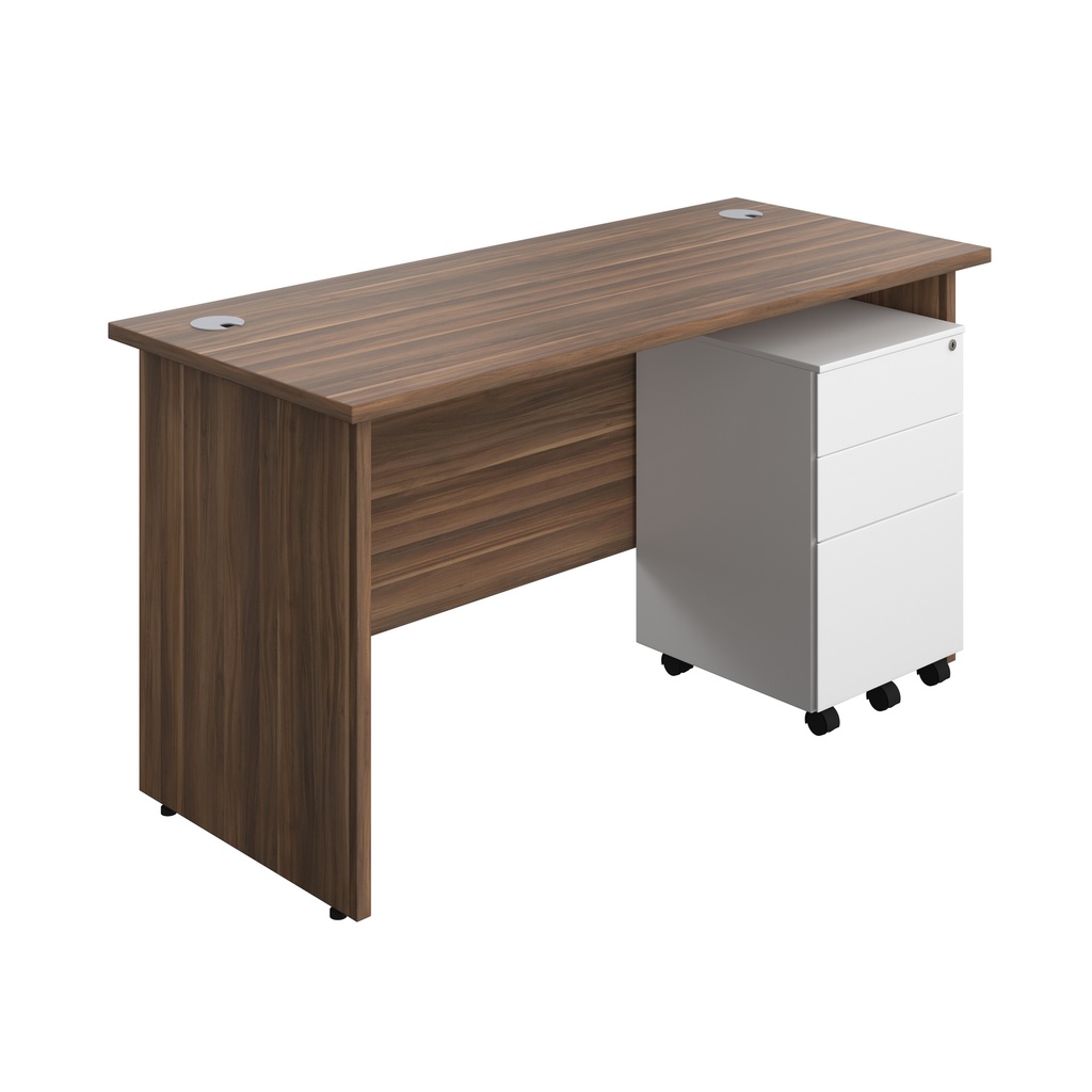 Panel Rectangular Desk + 3 Drawer Steel Pedestal Bundle (FSC) | 1400X600 | Dark Walnut/White | 