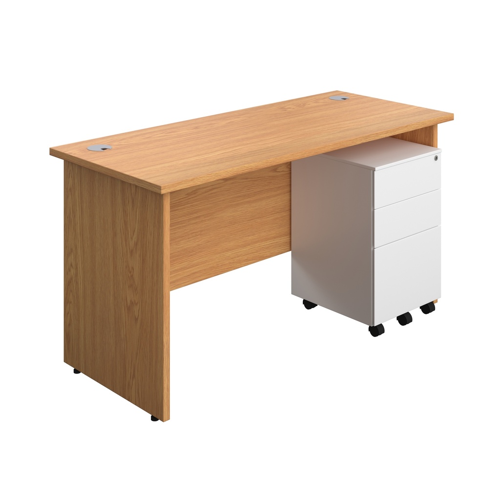 Panel Rectangular Desk + 3 Drawer Steel Pedestal Bundle (FSC) | 1400X600 | Nova Oak/White | 
