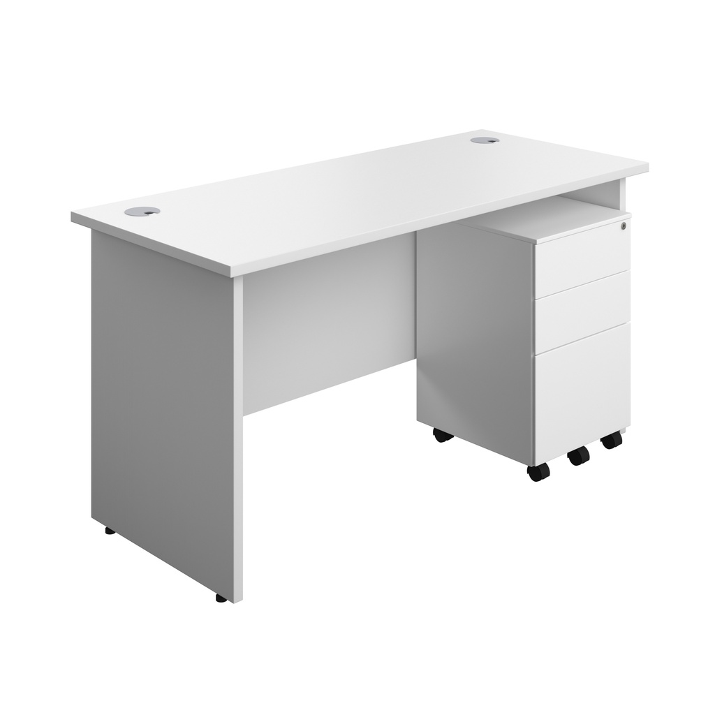 Panel Rectangular Desk + 3 Drawer Steel Pedestal Bundle (FSC) | 1400X600 | White/White | 