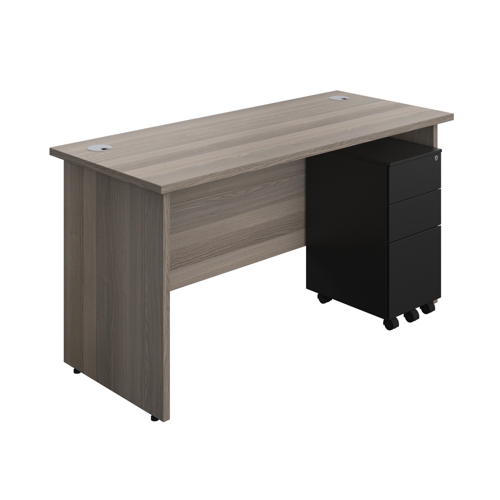 Panel Rectangular Desk + 3 Drawer Slimline Steel Pedestal Bundle (FSC) | 1400X600 | Grey Oak/Black | 