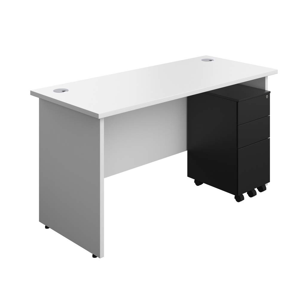 Panel Rectangular Desk + 3 Drawer Slimline Steel Pedestal Bundle (FSC) | 1400X600 | White/Black | 
