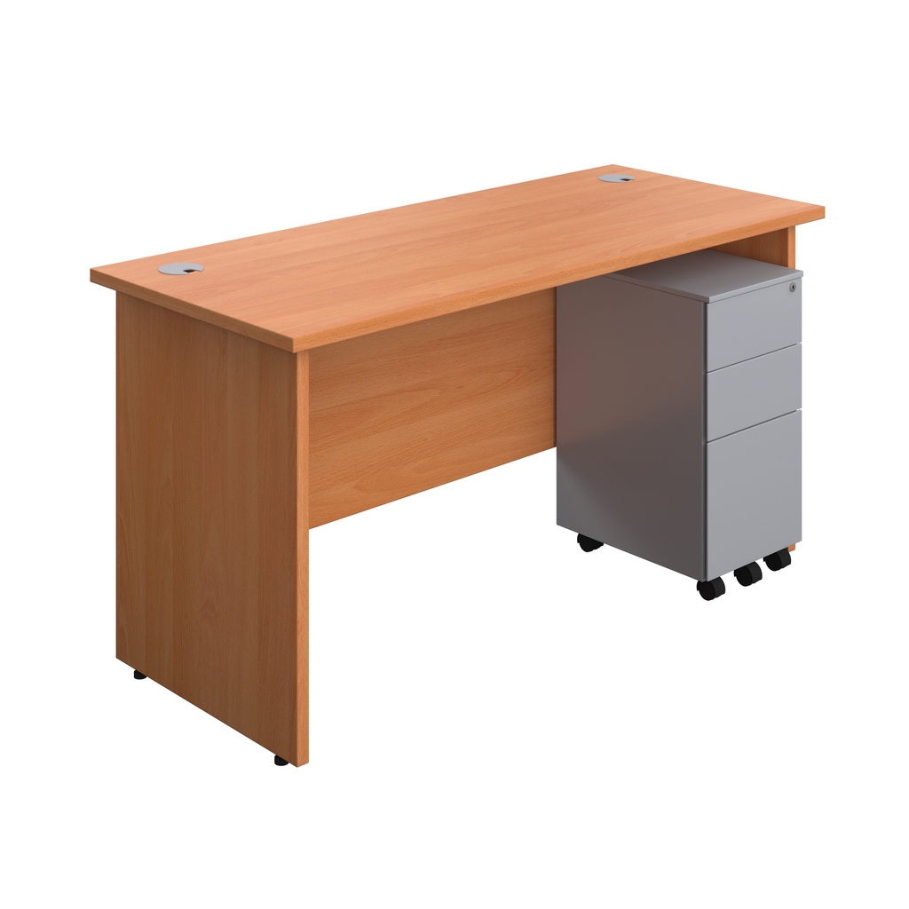 Panel Rectangular Desk + 3 Drawer Slimline Steel Pedestal Bundle (FSC) | 1400X600 | Beech/Silver | 