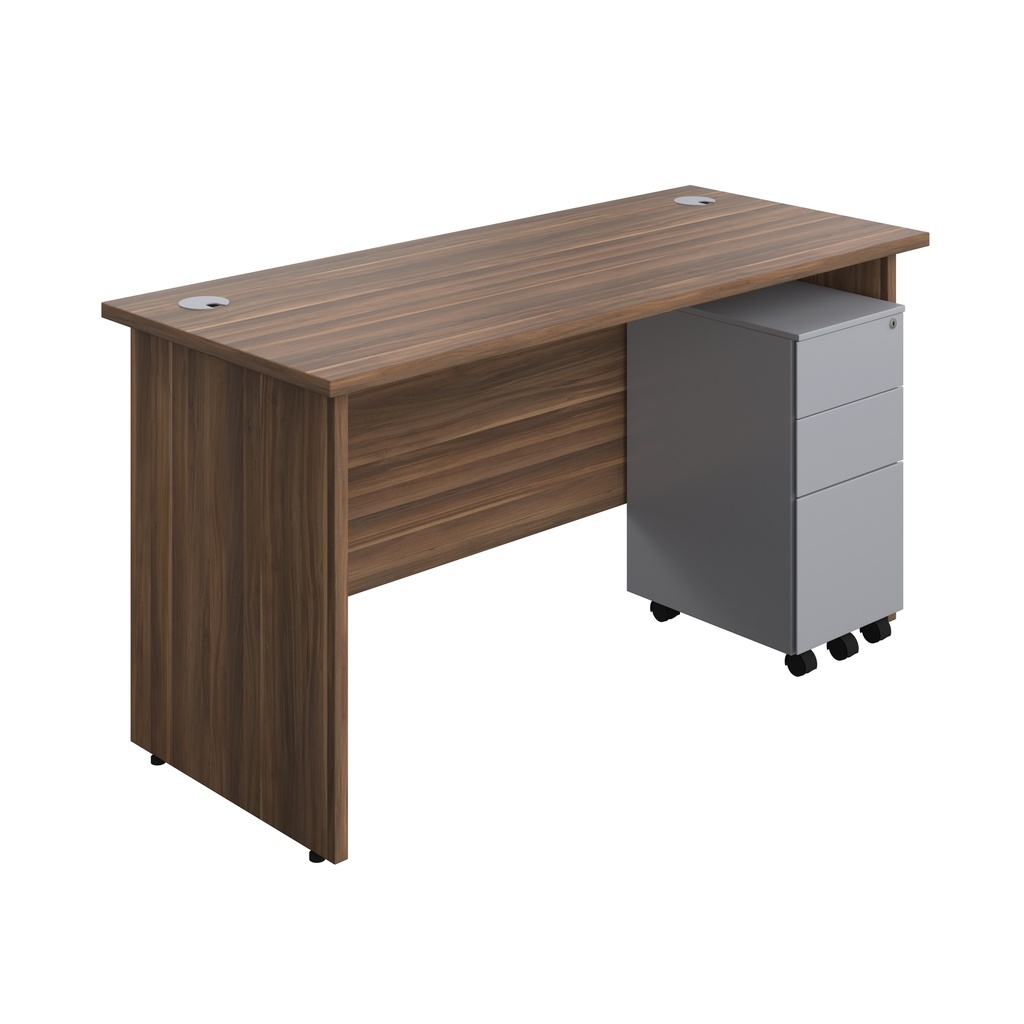 Panel Rectangular Desk + 3 Drawer Slimline Steel Pedestal Bundle (FSC) | 1400X600 | Dark Walnut/Silver | 