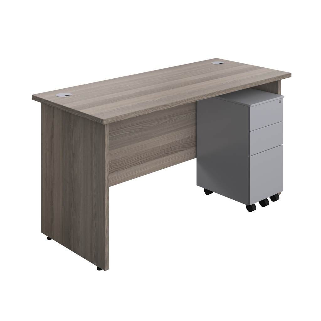 Panel Rectangular Desk + 3 Drawer Slimline Steel Pedestal Bundle (FSC) | 1400X600 | Grey Oak/Silver | 