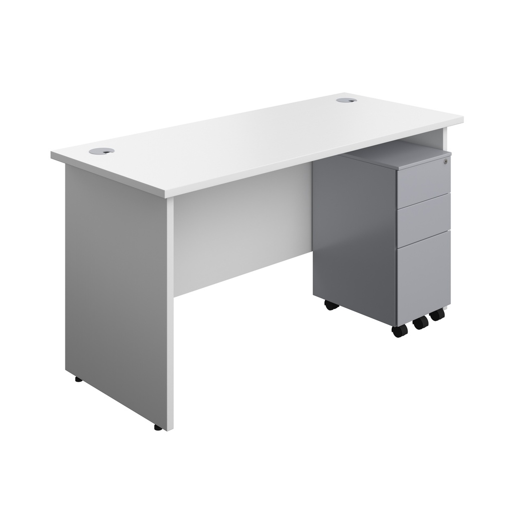 Panel Rectangular Desk + 3 Drawer Slimline Steel Pedestal Bundle (FSC) | 1400X600 | White/Silver | 