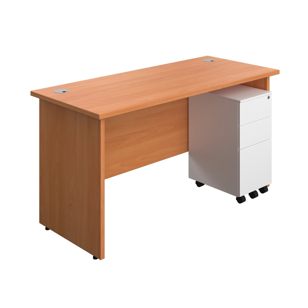 Panel Rectangular Desk + 3 Drawer Slimline Steel Pedestal Bundle (FSC) | 1400X600 | Beech/White | 