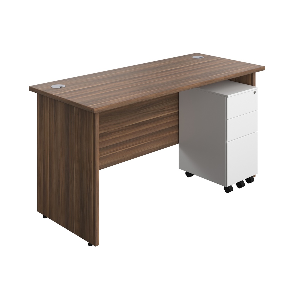 Panel Rectangular Desk + 3 Drawer Slimline Steel Pedestal Bundle (FSC) | 1400X600 | Dark Walnut/White | 