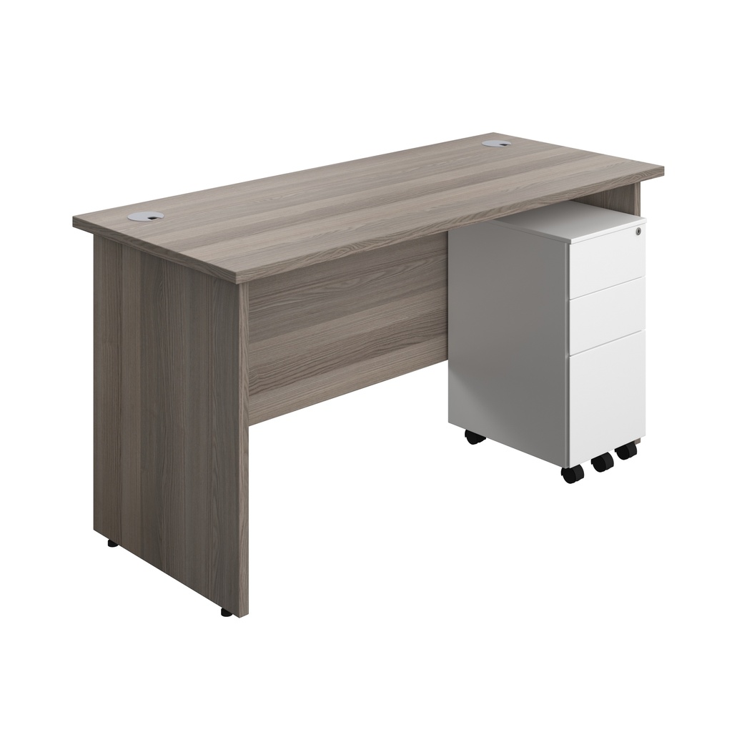Panel Rectangular Desk + 3 Drawer Slimline Steel Pedestal Bundle (FSC) | 1400X600 | Grey Oak/White | 