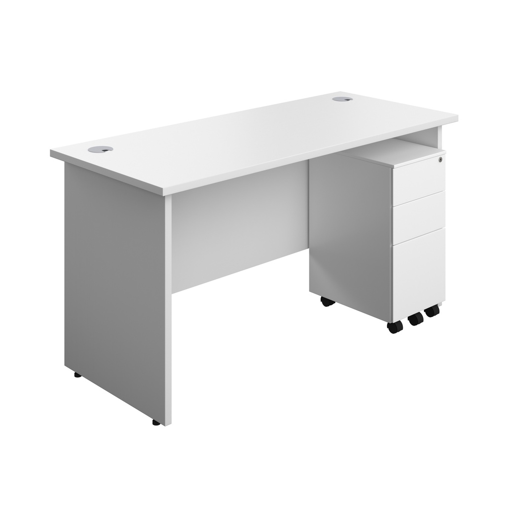 Panel Rectangular Desk + 3 Drawer Slimline Steel Pedestal Bundle (FSC) | 1400X600 | White/White | 