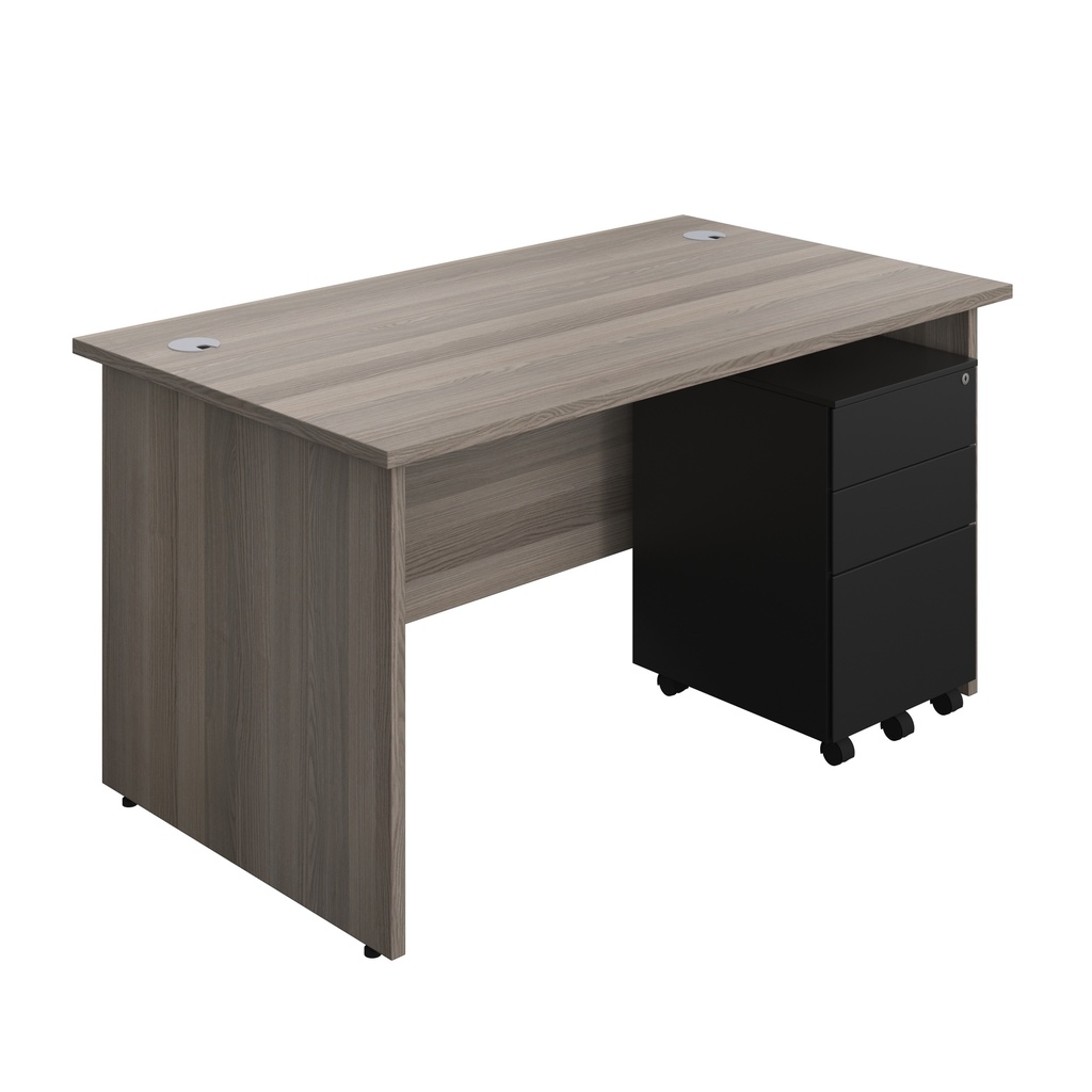 Panel Rectangular Desk + 3 Drawer Steel Pedestal Bundle (FSC) | 1400X800 | Grey Oak/Black | 