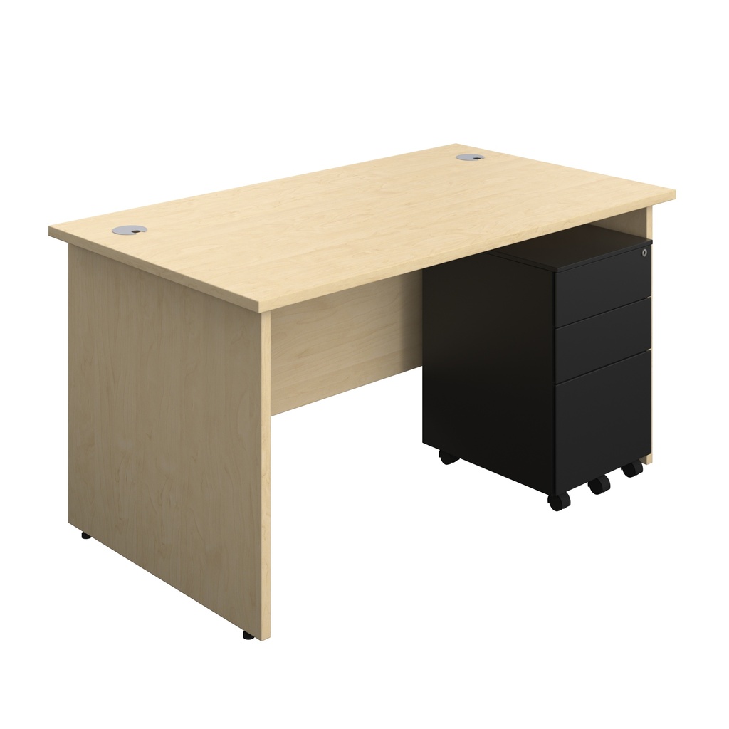 Panel Rectangular Desk + 3 Drawer Steel Pedestal Bundle (FSC) | 1400X800 | Maple/Black | 