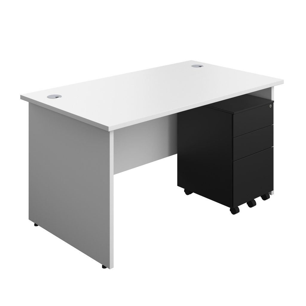 Panel Rectangular Desk + 3 Drawer Steel Pedestal Bundle (FSC) | 1400X800 | White/Black | 
