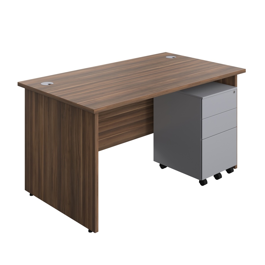 Panel Rectangular Desk + 3 Drawer Steel Pedestal Bundle (FSC) | 1400X800 | Dark Walnut/Silver | 