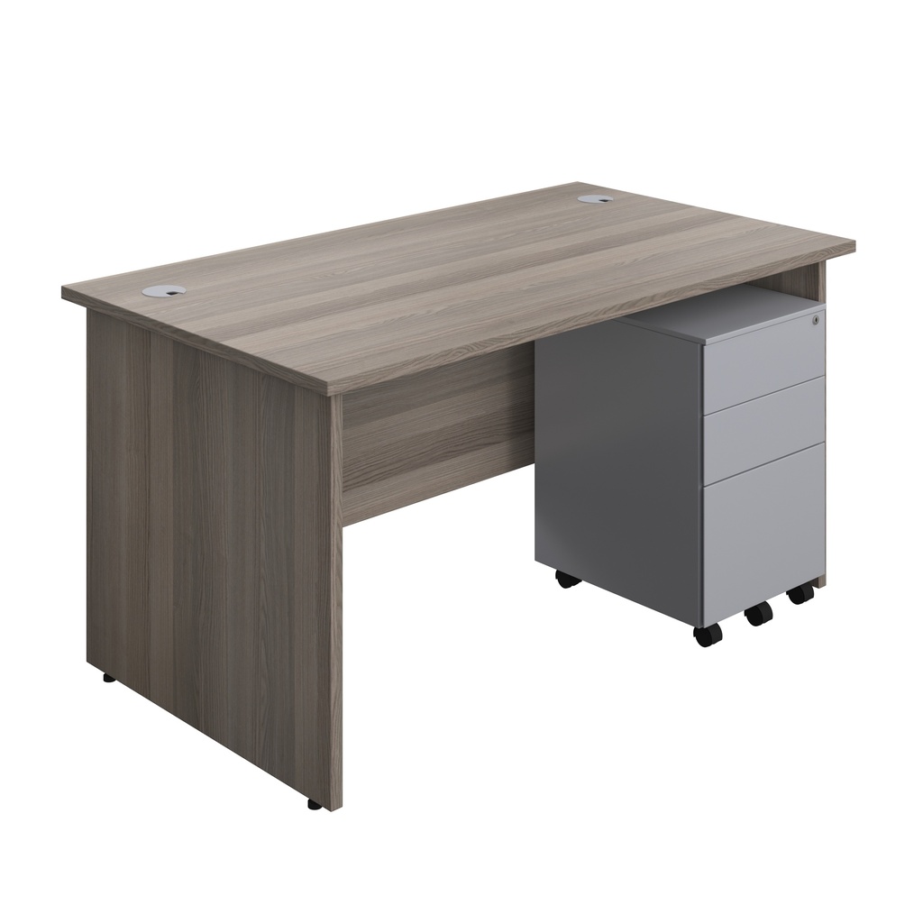Panel Rectangular Desk + 3 Drawer Steel Pedestal Bundle (FSC) | 1400X800 | Grey Oak/Silver | 