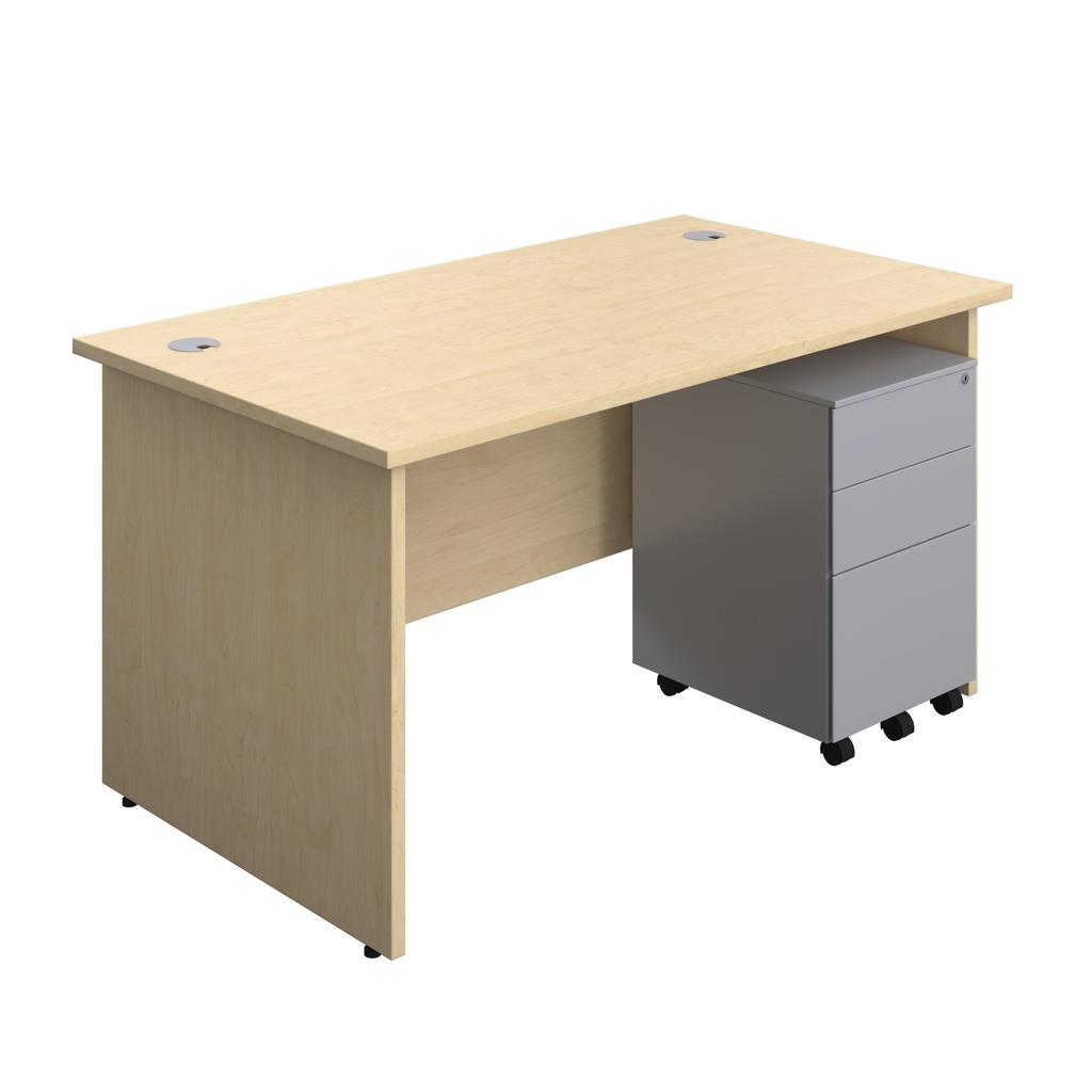 Panel Rectangular Desk + 3 Drawer Steel Pedestal Bundle (FSC) | 1400X800 | Maple/Silver | 