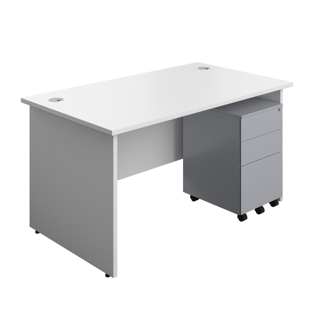 Panel Rectangular Desk + 3 Drawer Steel Pedestal Bundle (FSC) | 1400X800 | White/Silver | 