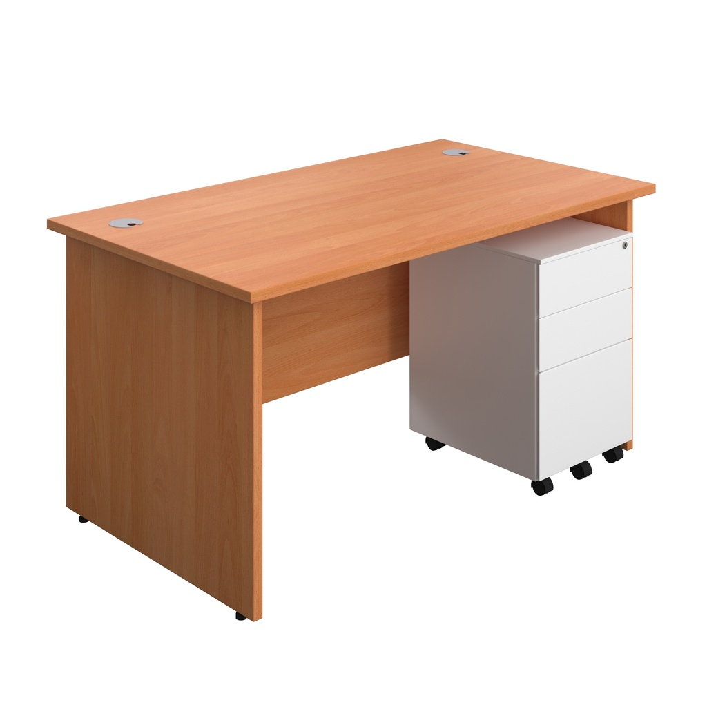 Panel Rectangular Desk + 3 Drawer Steel Pedestal Bundle (FSC) | 1400X800 | Beech/White | 