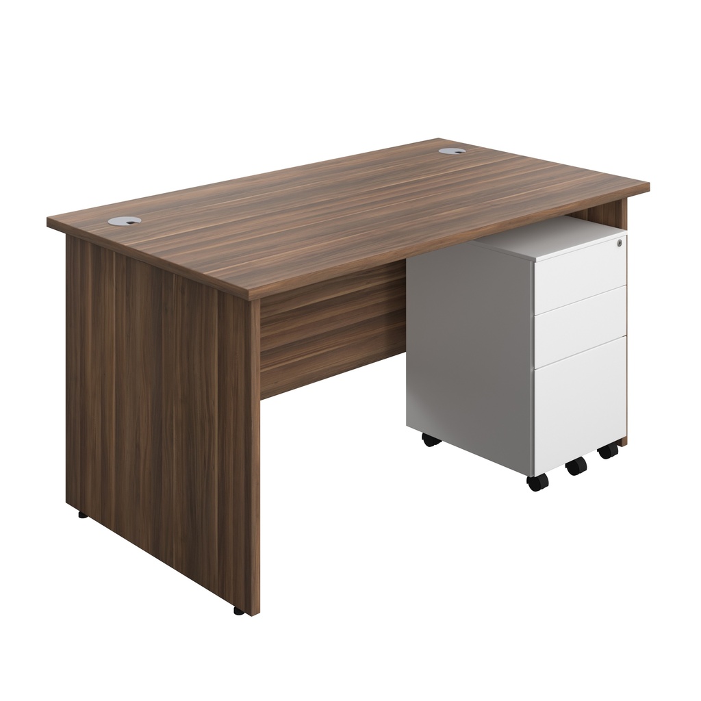 Panel Rectangular Desk + 3 Drawer Steel Pedestal Bundle (FSC) | 1400X800 | Dark Walnut/White | 