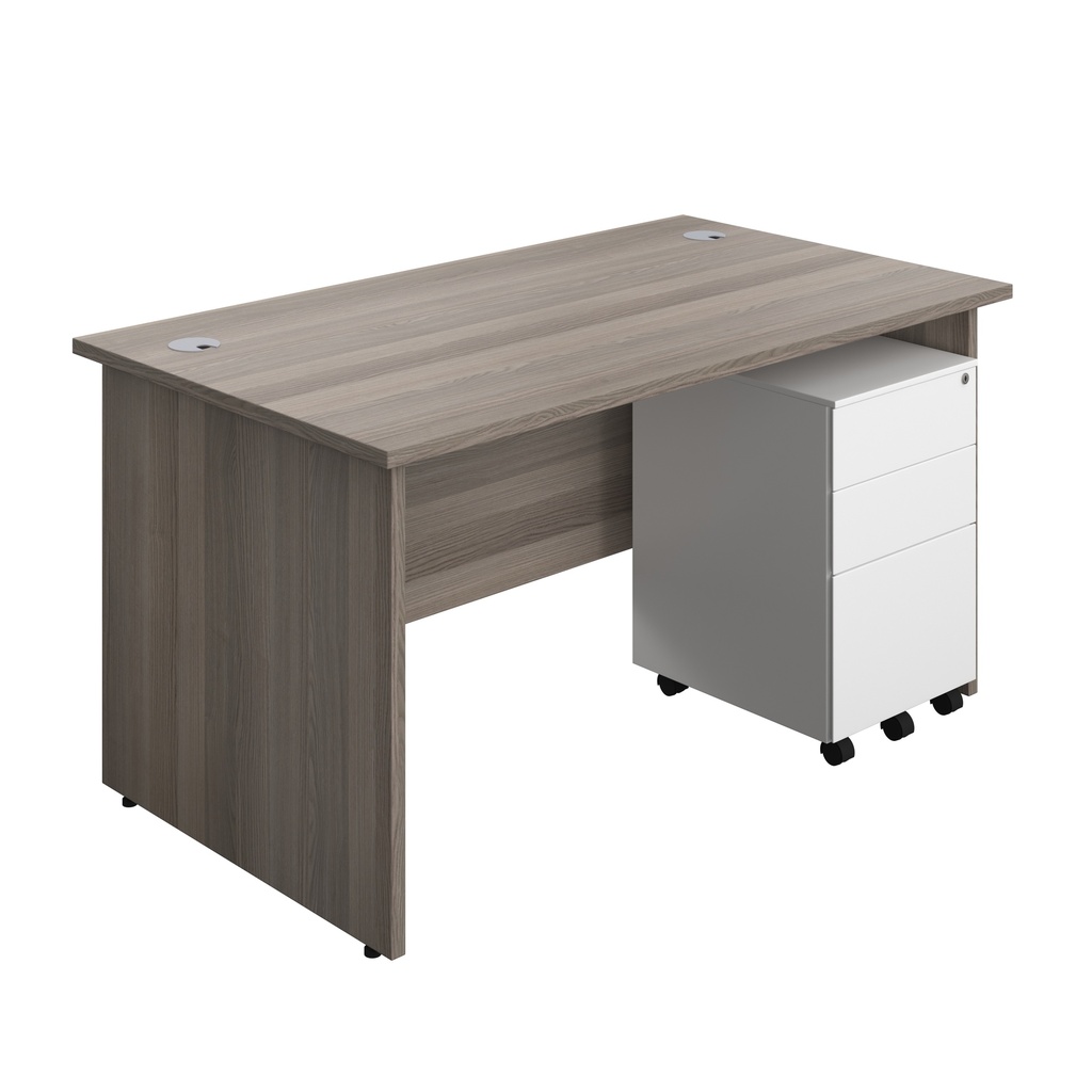Panel Rectangular Desk + 3 Drawer Steel Pedestal Bundle (FSC) | 1400X800 | Grey Oak/White | 