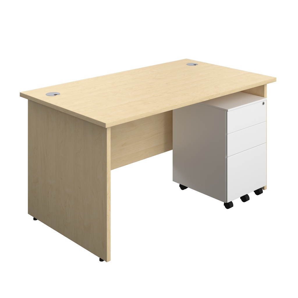 Panel Rectangular Desk + 3 Drawer Steel Pedestal Bundle (FSC) | 1400X800 | Maple/White | 