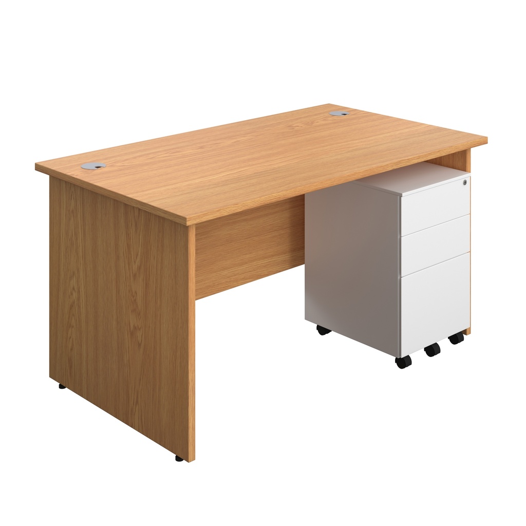 Panel Rectangular Desk + 3 Drawer Steel Pedestal Bundle (FSC) | 1400X800 | Nova Oak/White | 