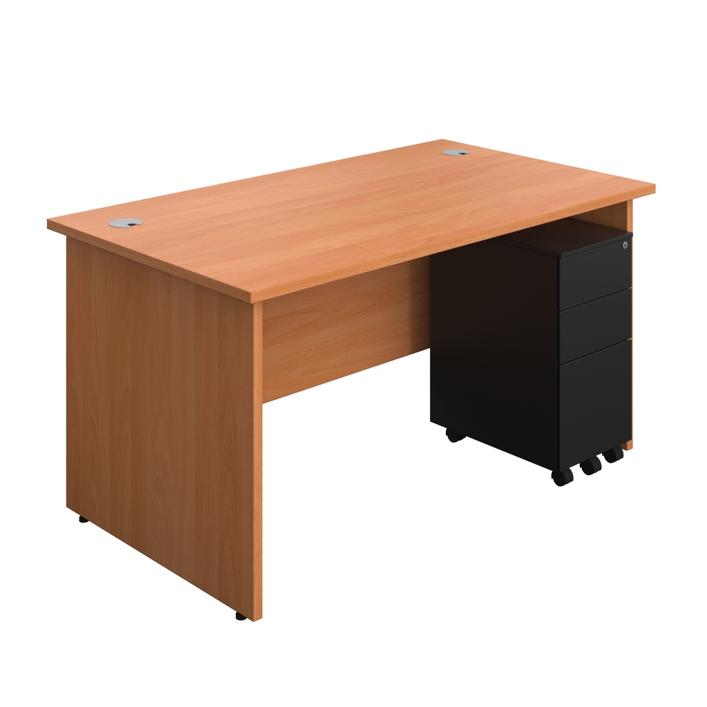 Panel Rectangular Desk + 3 Drawer Slimline Steel Pedestal Bundle (FSC) | 1400X800 | Beech/Black | 