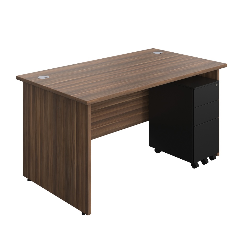 Panel Rectangular Desk + 3 Drawer Slimline Steel Pedestal Bundle (FSC) | 1400X800 | Dark Walnut/Black | 