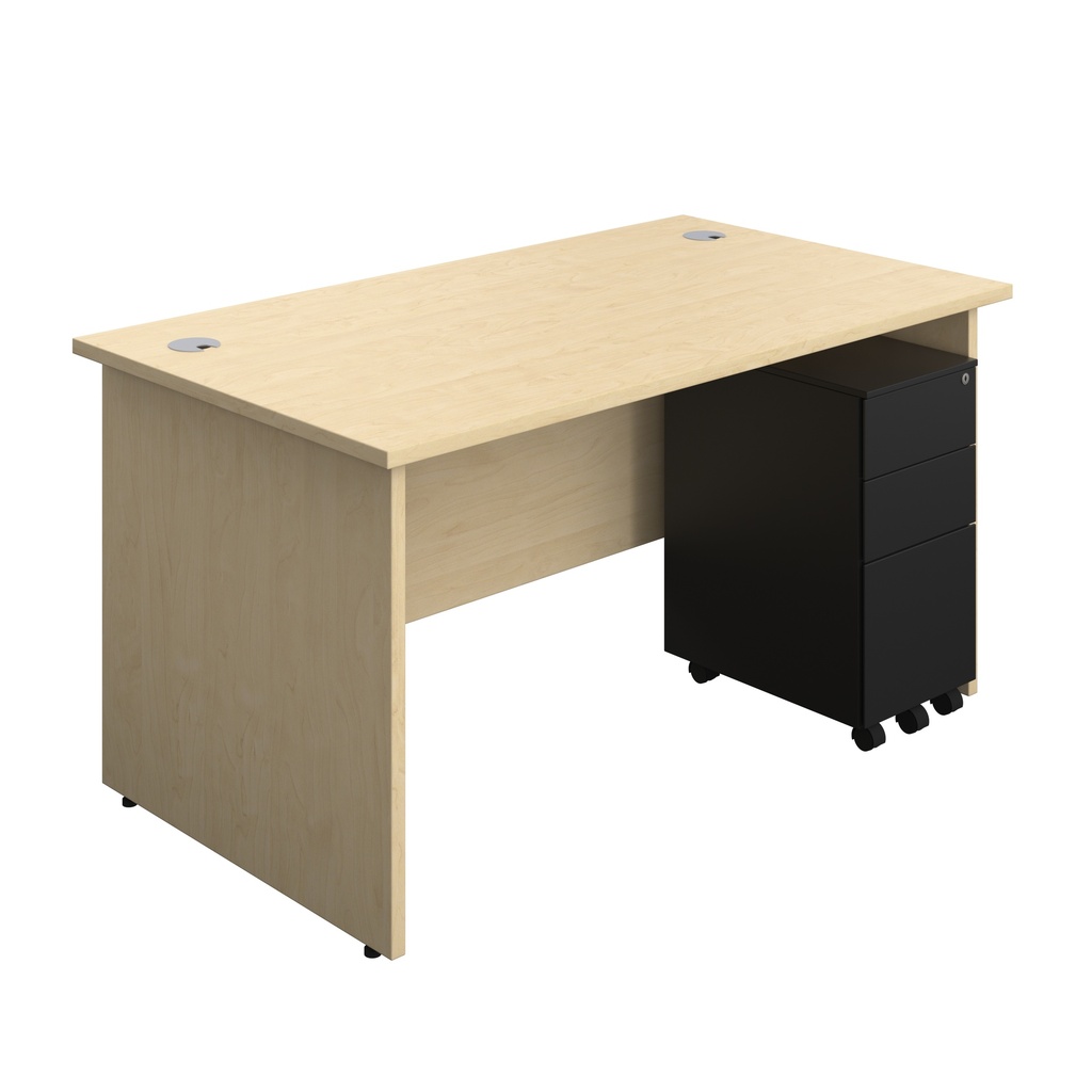 Panel Rectangular Desk + 3 Drawer Slimline Steel Pedestal Bundle (FSC) | 1400X800 | Maple/Black | 