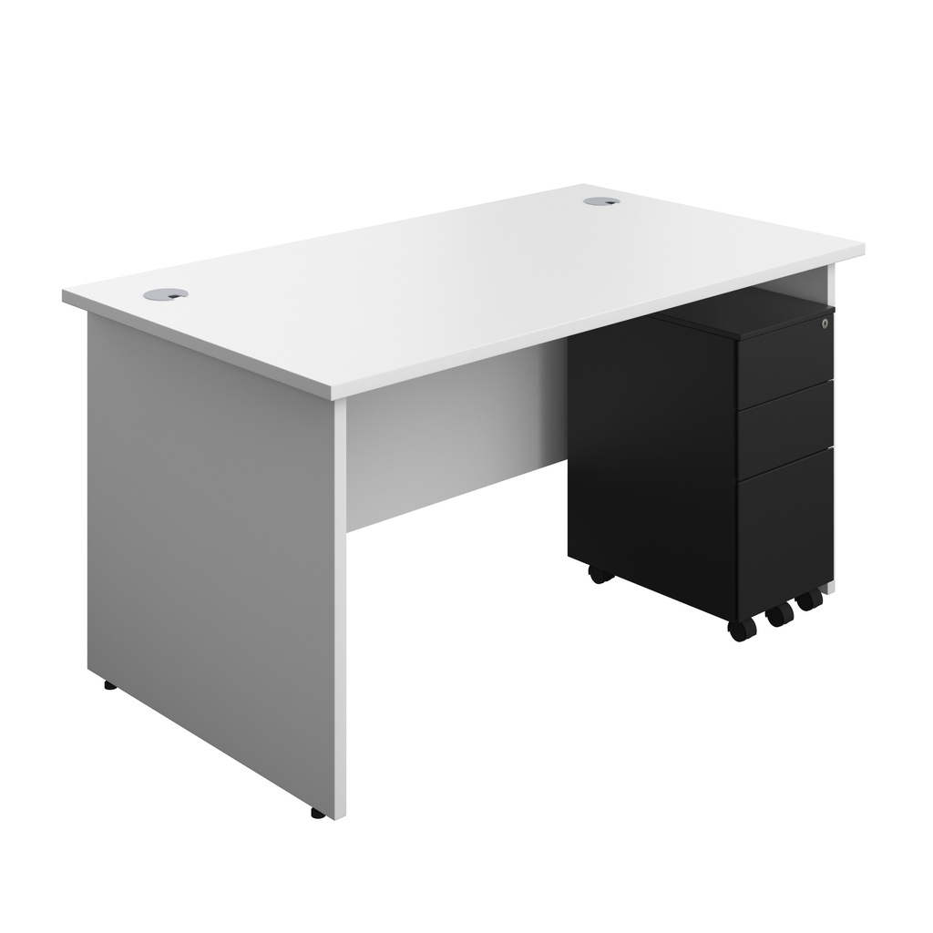 Panel Rectangular Desk + 3 Drawer Slimline Steel Pedestal Bundle (FSC) | 1400X800 | White/Black | 