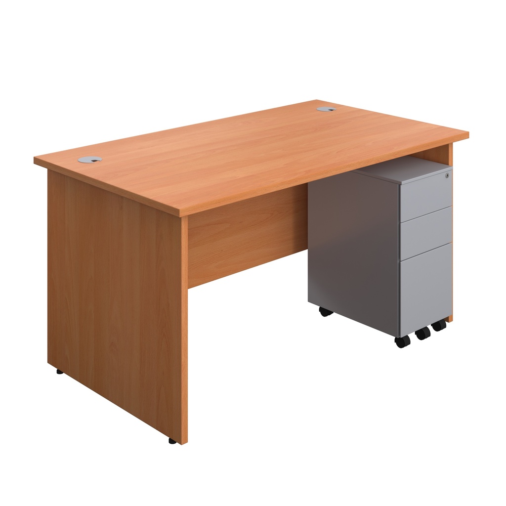 Panel Rectangular Desk + 3 Drawer Slimline Steel Pedestal Bundle (FSC) | 1400X800 | Beech/Silver | 