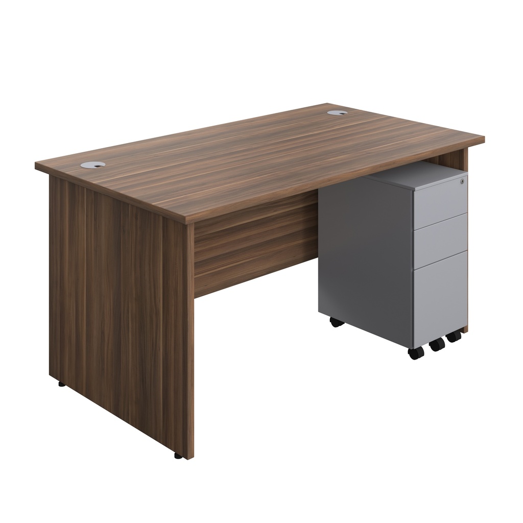 Panel Rectangular Desk + 3 Drawer Slimline Steel Pedestal Bundle (FSC) | 1400X800 | Dark Walnut/Silver | 