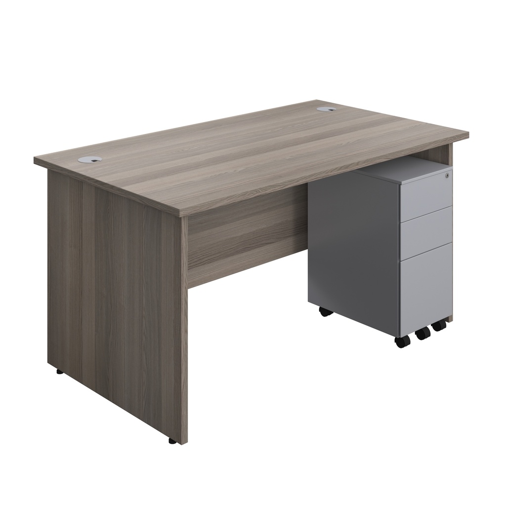Panel Rectangular Desk + 3 Drawer Slimline Steel Pedestal Bundle (FSC) | 1400X800 | Grey Oak/Silver | 