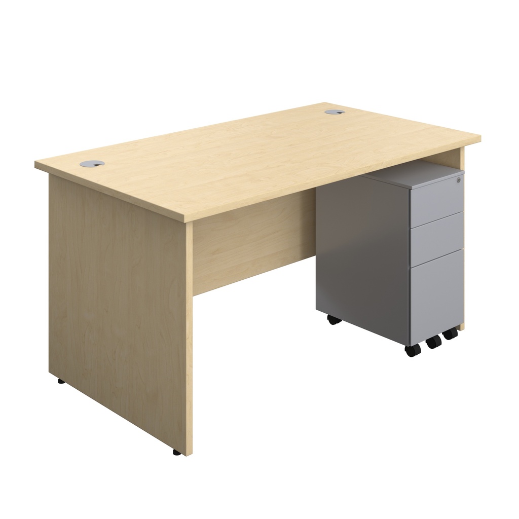 Panel Rectangular Desk + 3 Drawer Slimline Steel Pedestal Bundle (FSC) | 1400X800 | Maple/Silver | 