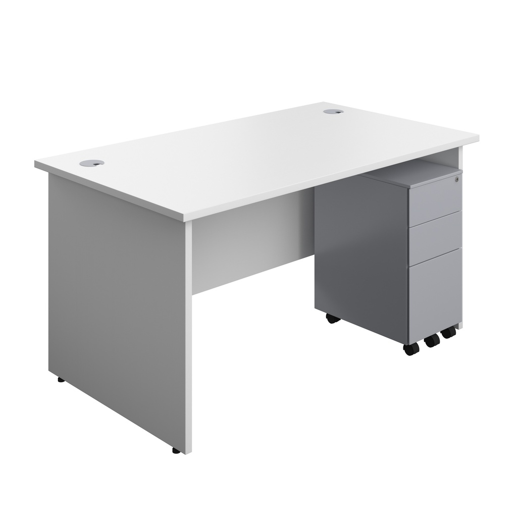 Panel Rectangular Desk + 3 Drawer Slimline Steel Pedestal Bundle (FSC) | 1400X800 | White/Silver | 